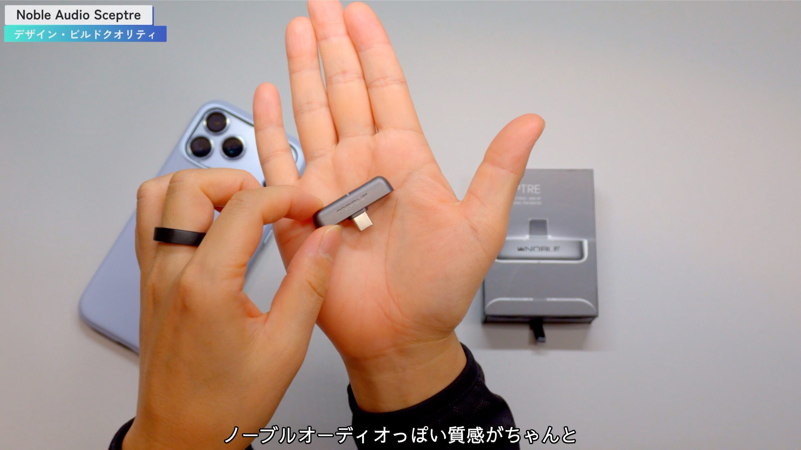 Noble Audio Sceptre 手のひらに乗せた本体（ガンメタ仕上げ）