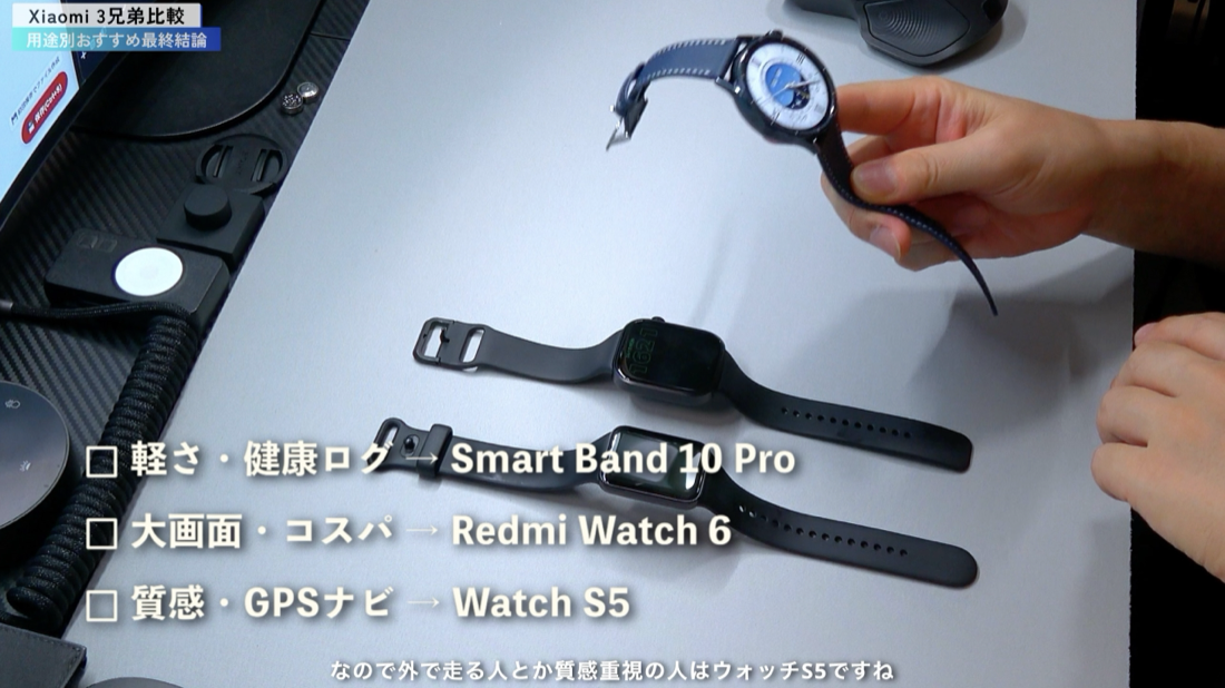 3機種それぞれの装着シーン+結論テロップ:軽さ・健康ログ→Smart Band 10 Pro/大画面・コスパ→Redmi Watch 6/質感・GPSナビ→Watch S5