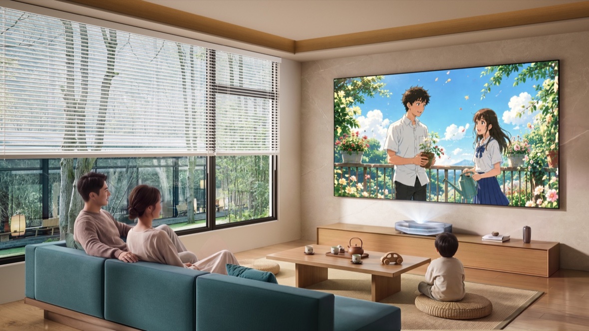 AWOL Aetherionをリビングのテレビ台に置いて100インチ級を投写している使用イメージ