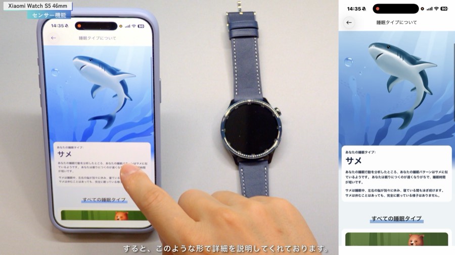 Xiaomi Watch S5の睡眠タイプ診断でサメと判定された画面