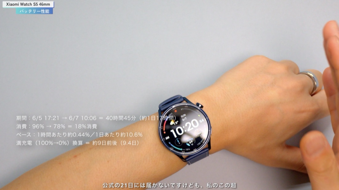 Xiaomi Watch S5のバッテリー実測結果(約40時間で96%から78%)