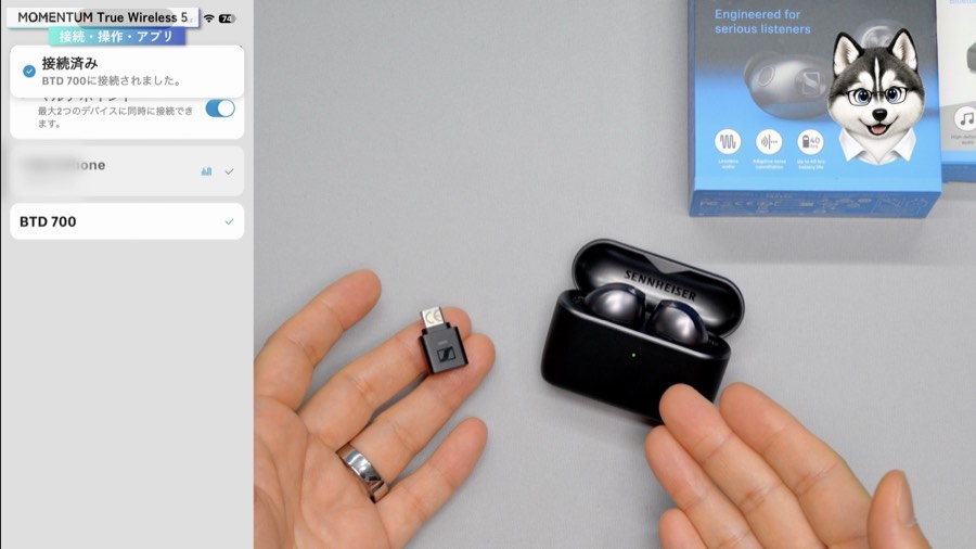 アプリの接続管理画面。BTD 700とiPhoneをマルチポイントで同時接続している状態