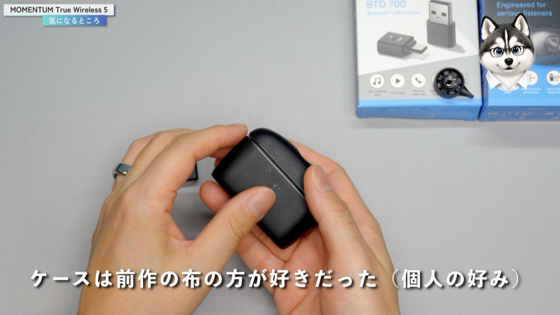 MOMENTUM True Wireless 5の充電ケースを手に持ったところ